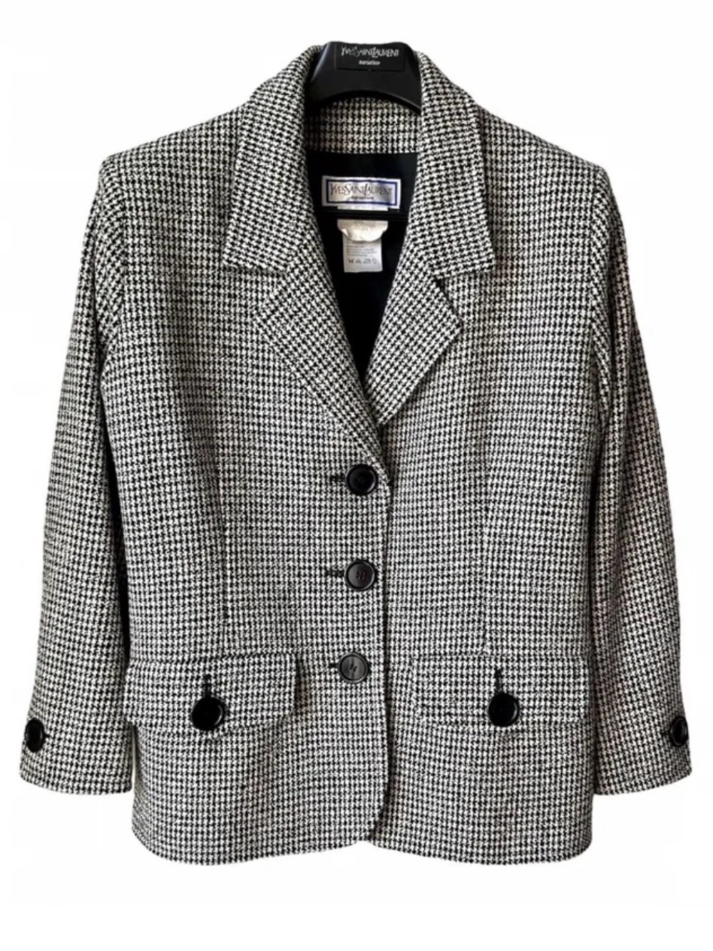 Yves Saint Laurent Black & White Houndstooth Wool Blazer
